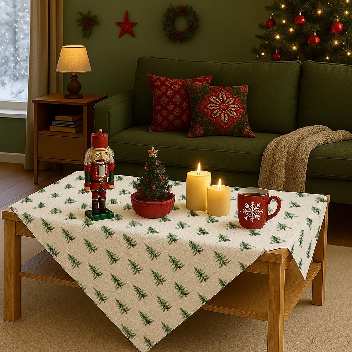 Groen Kerst Tafelkleed Vierkant 100x100 cm Afwasbaar Linnenlook Kerstdecoratie