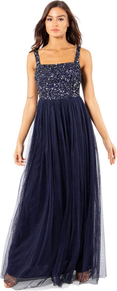 Elegante Lange Chiffon Jurk Dames met Vierkante Hals en Pailletten