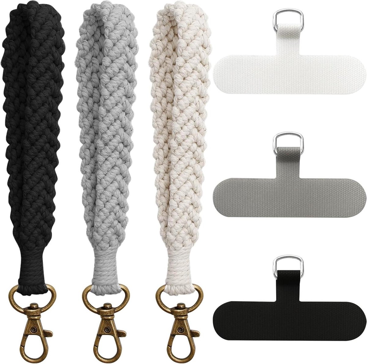 3 Stukken Polsband Macrame Telefoon Lanyard in Boho Stijl Zwart, Wit en Grijs