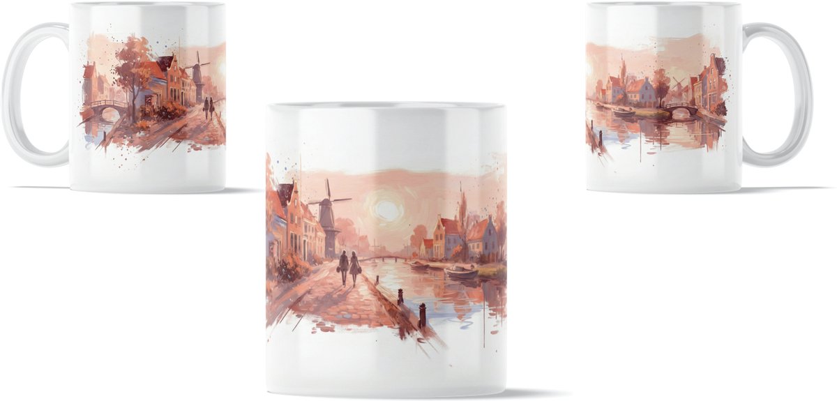 Hollandse stad bij zonsondergang mug – schilderachtig dorp met molens en gracht – kunst | Nederland | romantiek – cadeau: verjaardag | housewarming