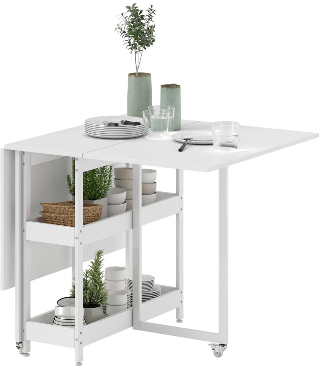 Merax Inklapbare Eettafel Met Opbergrekken En Wielen 133,4 X 80 X 75 Cm – Uitklapbare Keukentafel Voor 2-4 Personen – Ruimtebesparende Klaptafel – Wit