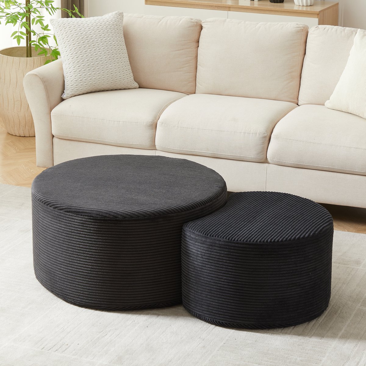 HAUSS SPOLE Salontafel Set Van 2 - Poef Bijzettafel Zonder Montage - Ruimtebesparend Voor Woonkamer En Slaapkamer - Stoffen Bekleding - Zwart