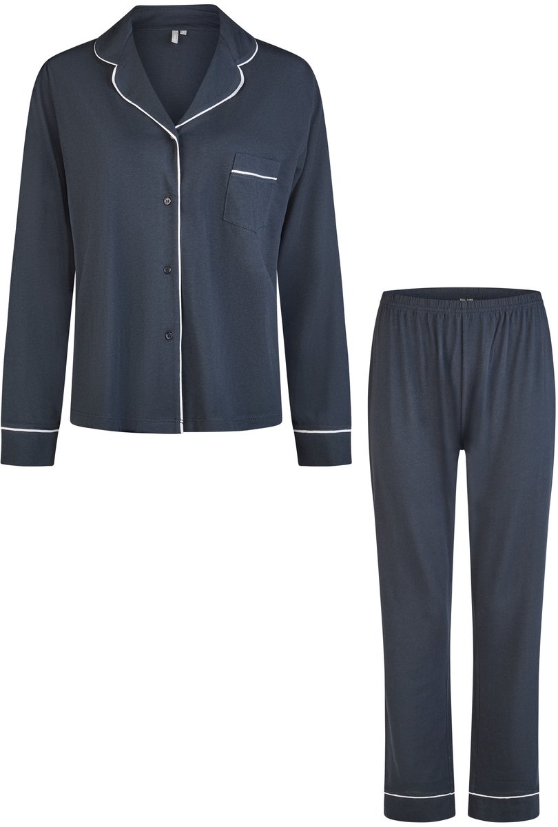 By Louise Dames Pyjama Set Lang Modal Met Knoopsluiting Donkerblauw