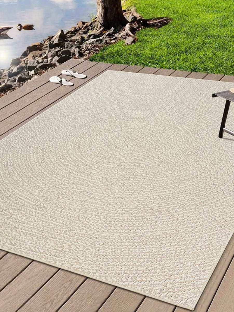 Buitentapijt met Jute Look – Cream – Rond Gevlochten Design – Weerbestendig & Stijlvol-120 x 170 cm