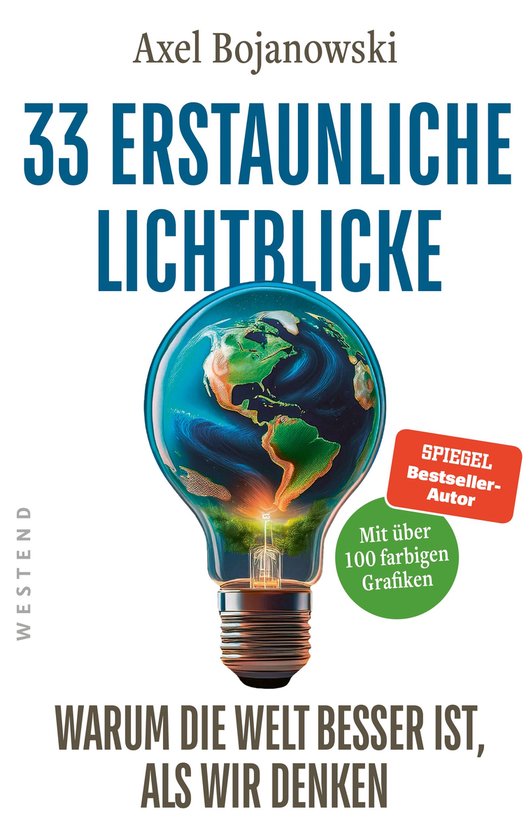 Boekomslag: 33 erstaunliche Lichtblicke met een gloeilamp waar de wereld in zit en tekst over de wereldverbetering.