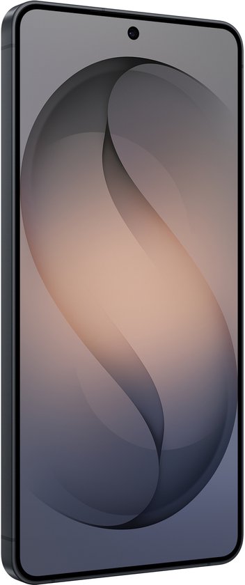 Zijaanzicht van de voorkant van een zwarte Samsung Galaxy S26+ smartphone.