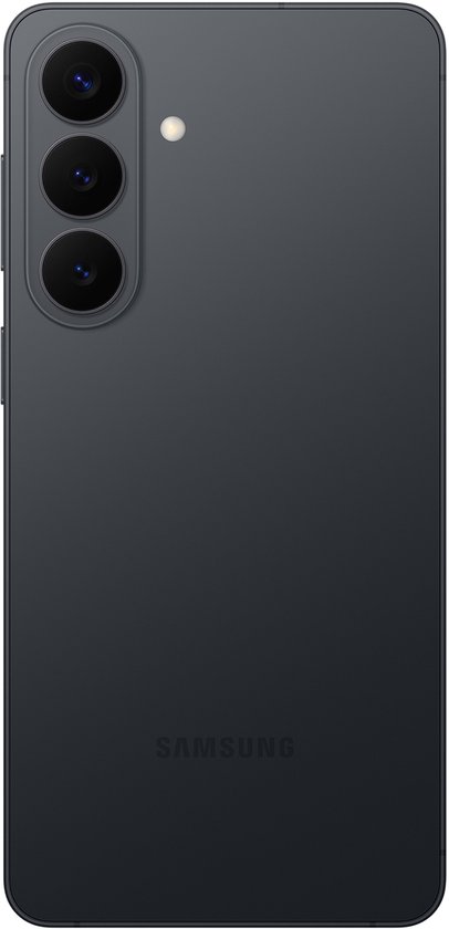 Zwarte Samsung Galaxy S26+ smartphone met drie camera's en het Samsung-logo.