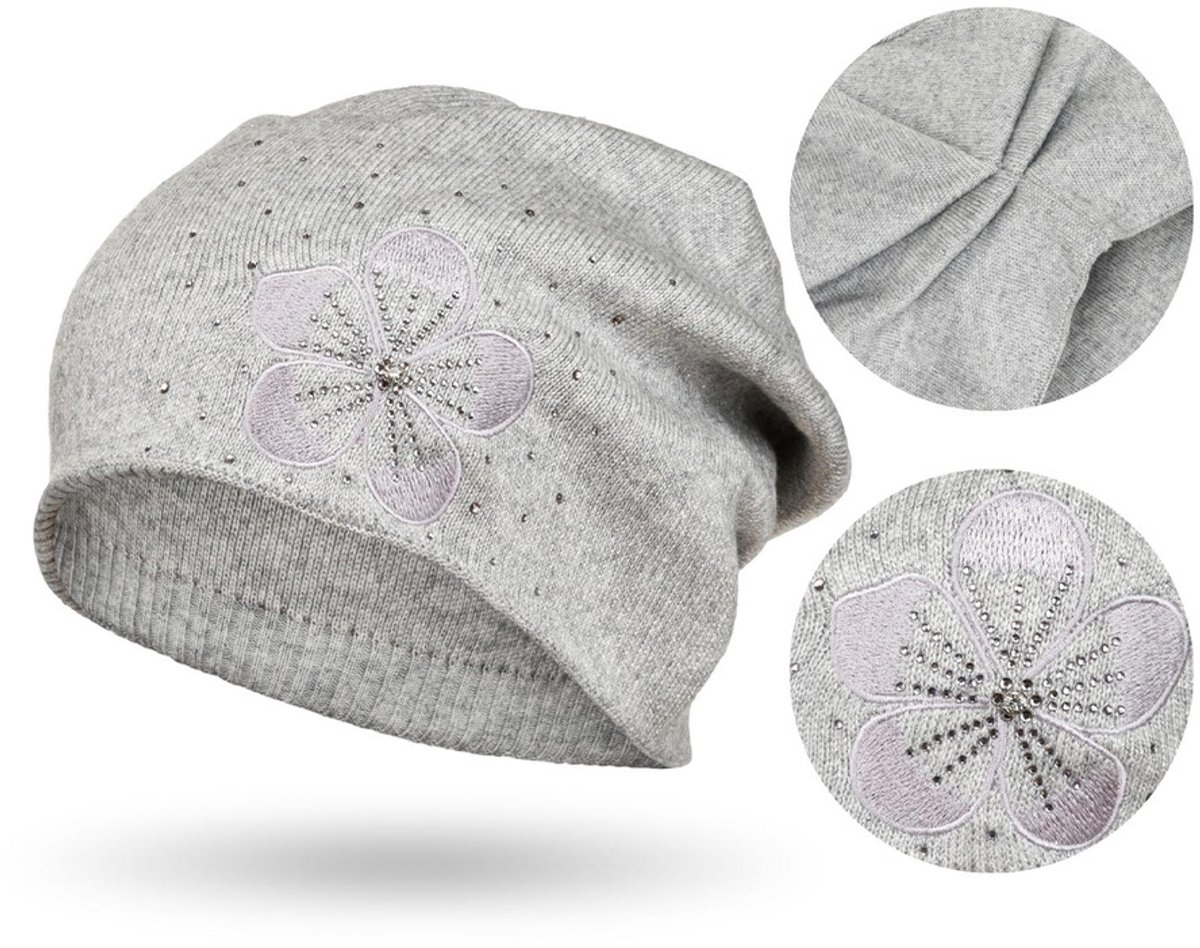 Peterson - Dames Slouchy Beanie - Grijs - Bloemenborduurwerk - Kristallen
