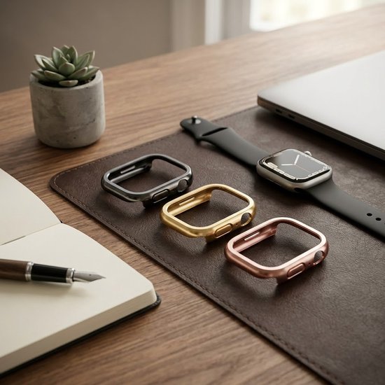 Zwart goudkleurig en rosé goudkleurig smartwatch beschermhoes set geschikt voor Apple Watch 42 mm serie 10 / 11 driedelige harde PC case hol ontwerp decoratieve watch case