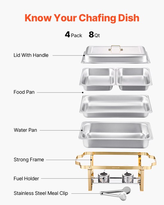Jessi Store - Buffetwarmer - Set van 4 - Chafing dish - Warmhoudbakken - Warmhouders - 7,5L per schaal - Zilver/goud - 59x36x28cm — afbeelding 3