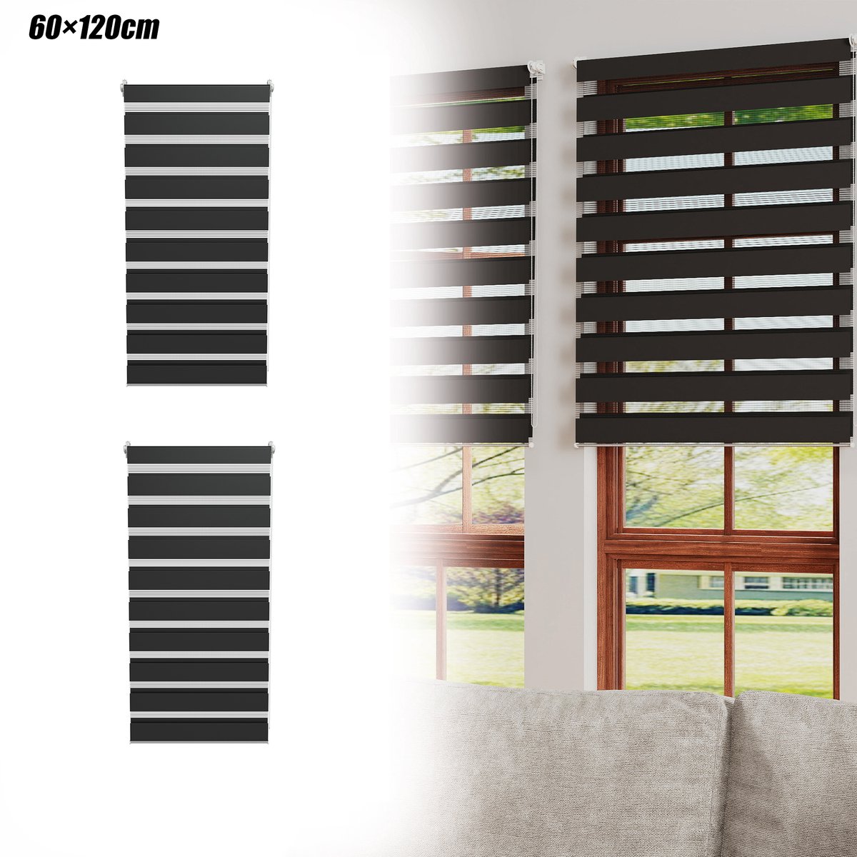 Aufun 2 Stuks Dubbele Verduisterende Rolgordijnen - Zwart 60x120cm - Clipmontage, Boren Niet Nodig, Eenvoudig Te installeren - Geschikt Voor Ramen En Balkondeuren