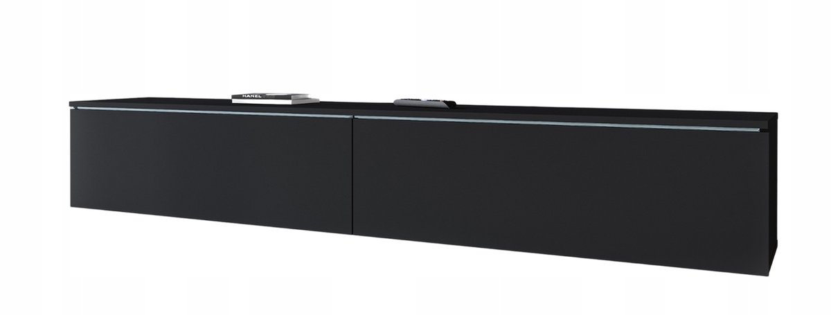 Modern TV-Meubel 180 cm – RTV Meubel Hangend of Staand – 2 Deuren – Volledig Mat Zwart – Greeploos Design – Geschikt voor TV's tot 77 inch