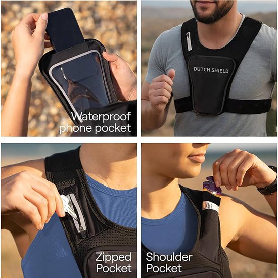 Collage van een man en vrouw die een zwart "DUTCH SHIELD" hardloopvest dragen, met telefoonvak, ritsvak en schouderzak.