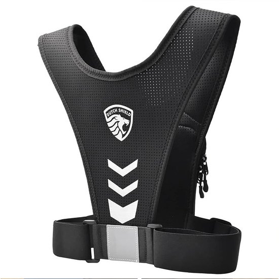 Zwart hardloopvest met "DUTCH SHIELD" logo, reflecterende pijlen en zilveren reflecterende strip.