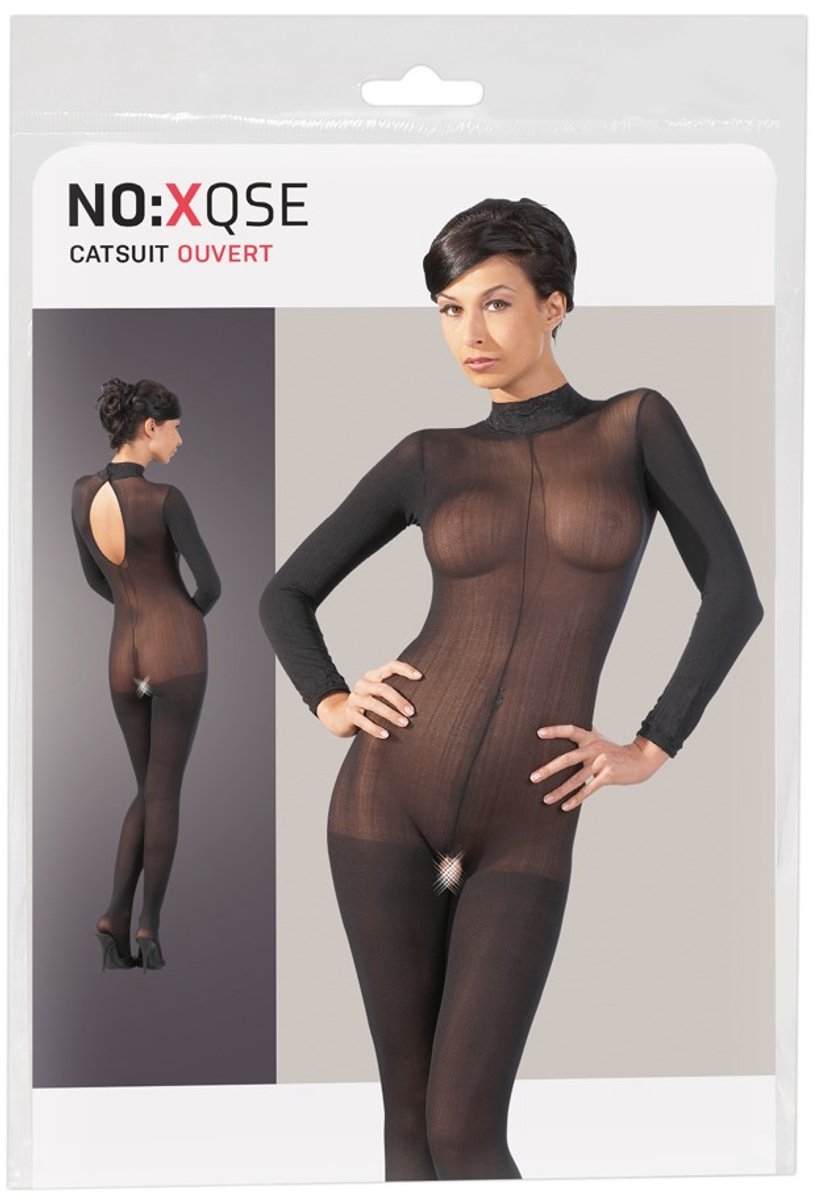 Mandy Mystery Lingerie –  Catsuit met Open Rug en Kruis met Kant Afgewerkt Kraag – Maat M/L - Zwart