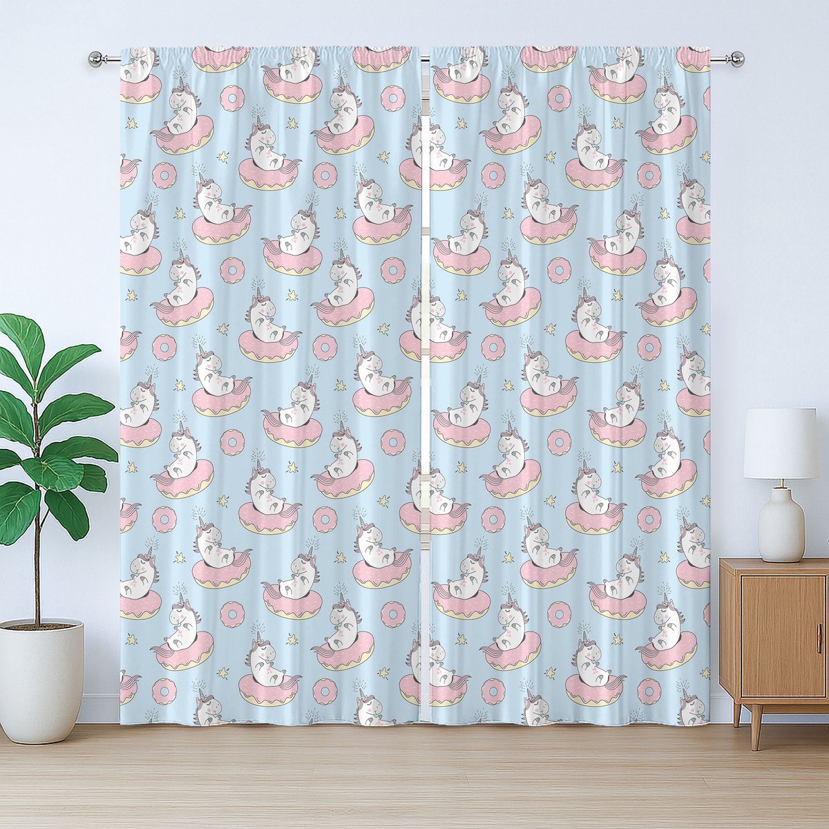 ABAKUHAUS Eenhoorn Feest Rustiek Gordijn, Dieren Donuts, Slaapkamer Gordijn met Plooiing, Lusjes en Haken, 280 x 260 cm, Lichtroze Lichtblauw