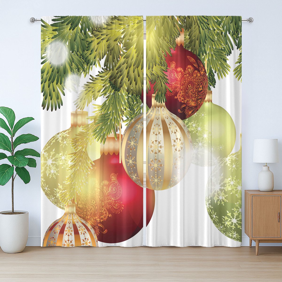 ABAKUHAUS Rustiek kerstgordijn met glittermotieven, met lussen en haken voor de woonkamer, 280 x 175 cm, lichtgroenrood