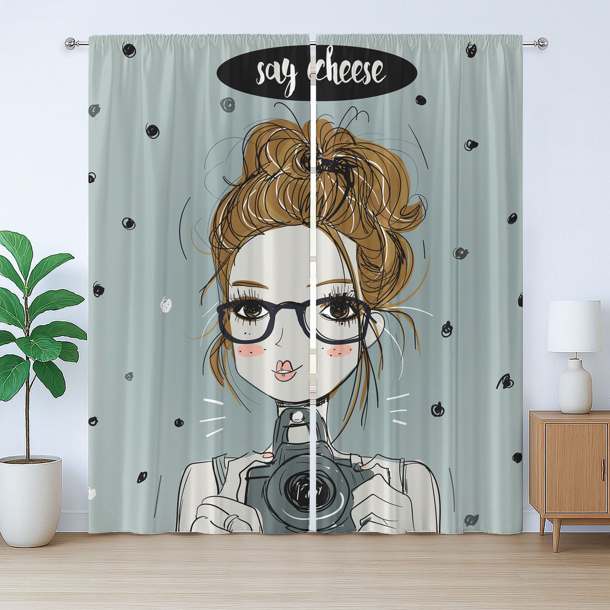 ABAKUHAUS Hipster Rustiek Gordijn, Cartoonmeisje dat 'Cheese' zegt, voor de Slaapkamer met Lussen en Haken, 280 x 175 cm, Cadetblauw Licht Karamel