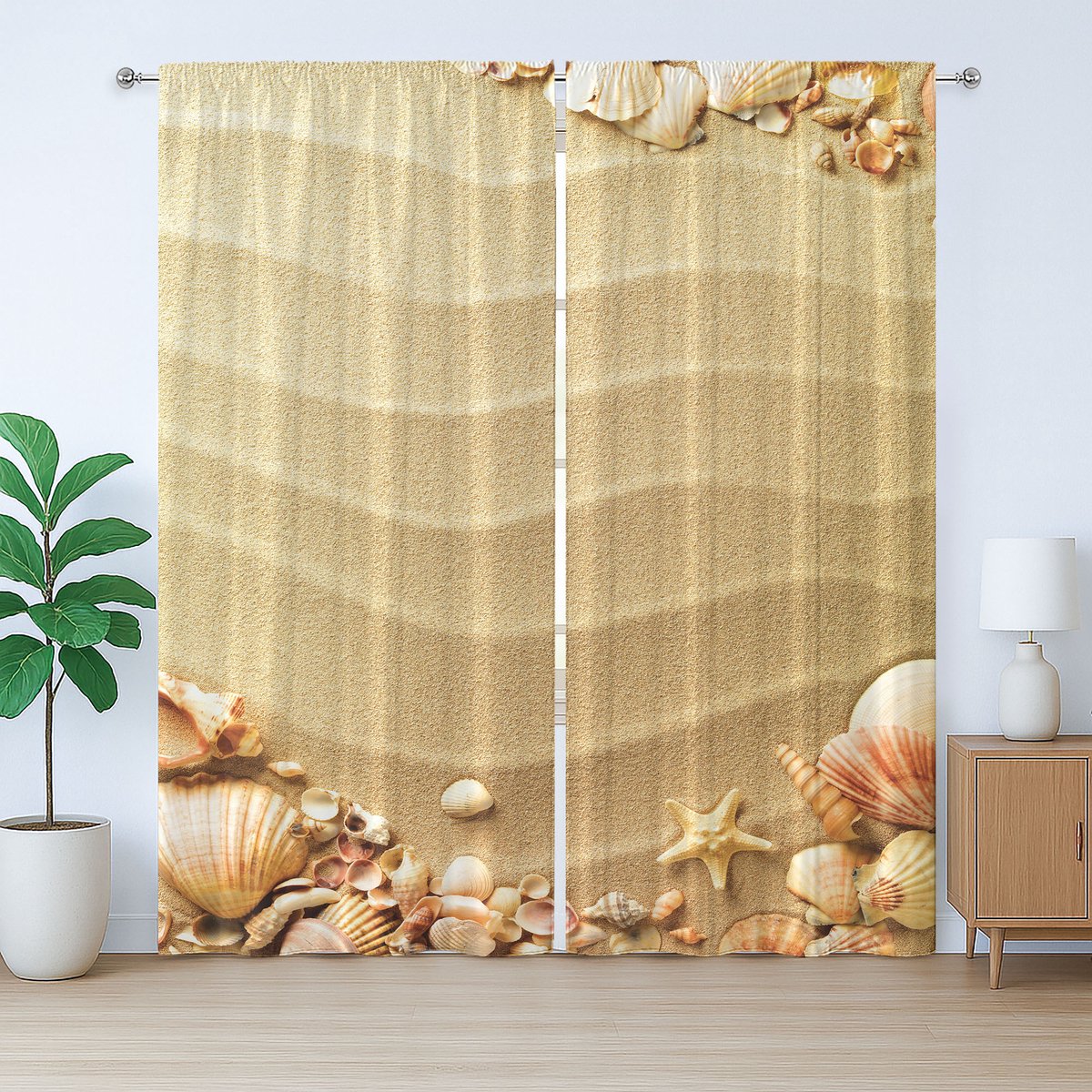 ABAKUHAUS Rustiek strandgordijn, zand met schelpen en golven, met lussen en haken voor de woonkamer, 280 x 225 cm, zandbruin meerkleurig