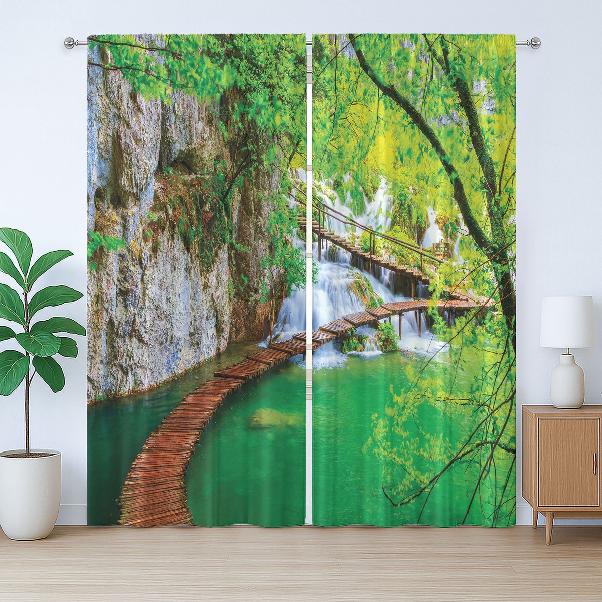 ABAKUHAUS Rustiek Natuurlijk Gordijn, Waterval van Bomen in Groen, Slaapkamergordijn met Geplooide Band, Lussen en Haken, 280 x 245 cm, Groengrijs