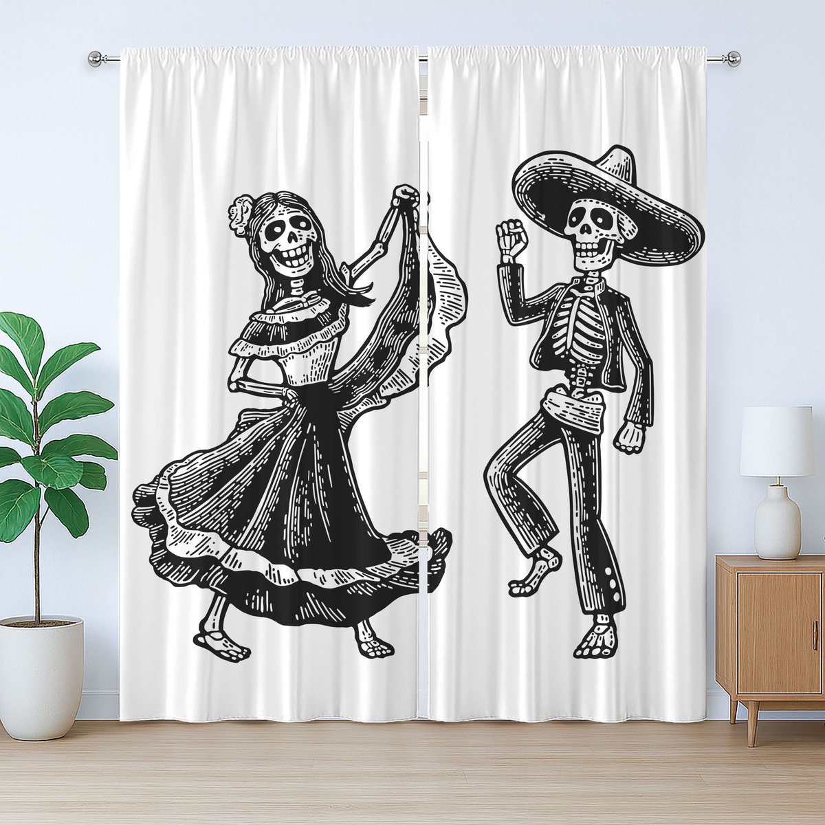 ABAKUHAUS Rustiek Skeletgordijn, Dansende Día de los Muertos, met Bandjes, Lussen en Haken voor de Woonkamer, 280 x 175 cm, Houtskoolgrijs Wit