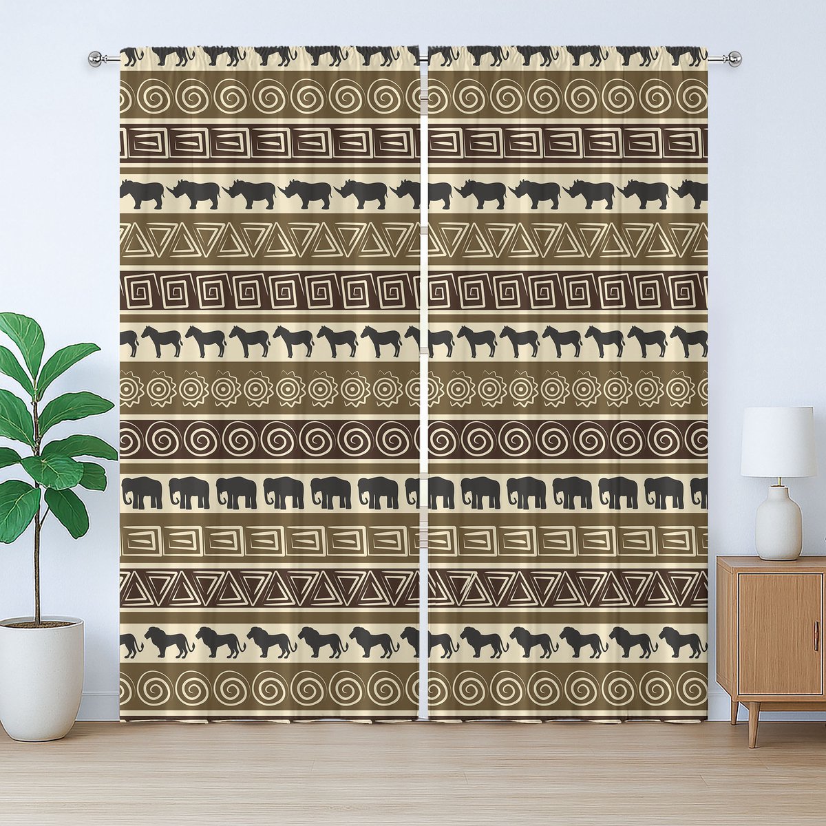 ABAKUHAUS Geometrisch rustiek gordijn, Afrikaans thema met strepen en dieren, met lussen en haken voor de woonkamer, 280 x 175 cm, zwart en bruin