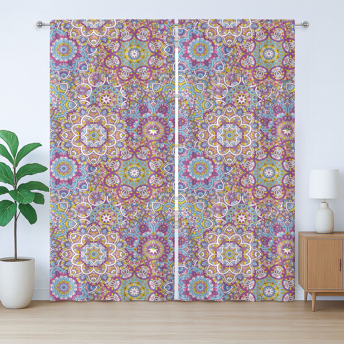 ABAKUHAUS Rustiek bladgordijn, kleurrijk mandala-paisley, met lussen en haken voor de woonkamer, 280 x 260 cm, blauwpaars