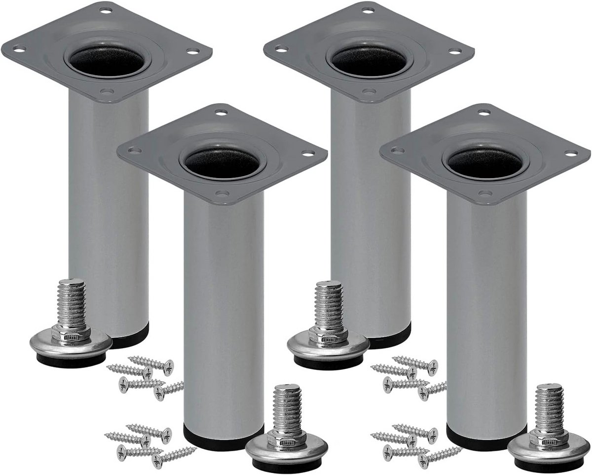 Set van 4 Zilveren Ronde Metalen Meubelpoten Verstelbaar 20 cm