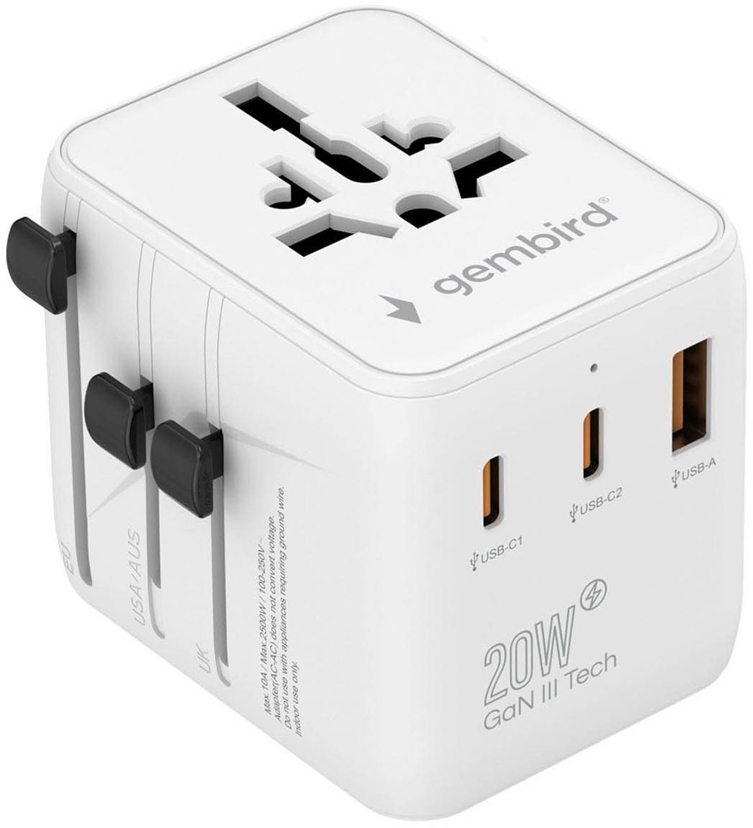 Gembird Universele Reisadapter 20 W - Ideaal voor Wereldreizigers, Wit