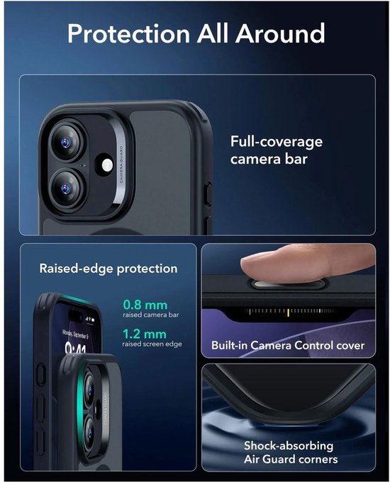 Zwarte ESR iPhone-hoes met verhoogde randen voor camera en scherm (0,8 mm en 1,2 mm). Ingebouwde camera-bedieningskap.