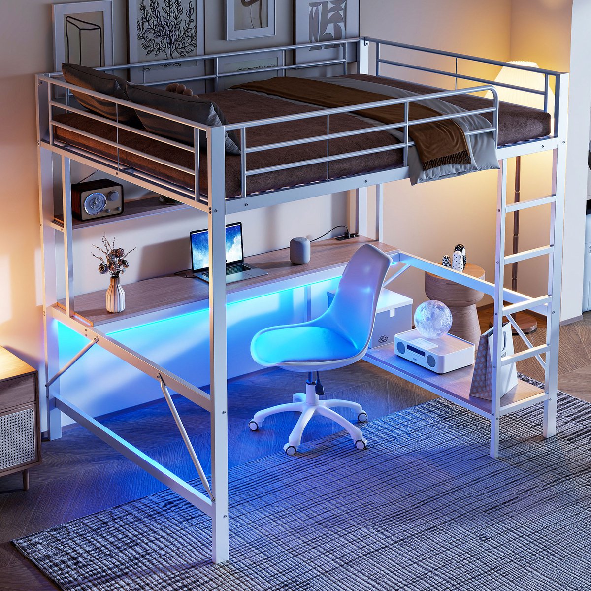 Hoogslaper, 140*200 cm, met Reling, Ladder, USB- en Stopcontact, LED-verlichting, Bureau, Meerlaags schap, Exclusief Matras, Metaal, Wit