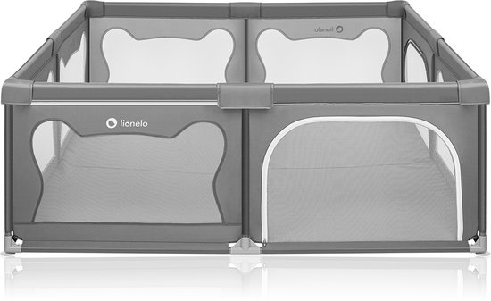 Grijze babybox van Lionelo met witte accenten, gaaspanelen en een ritsingang.