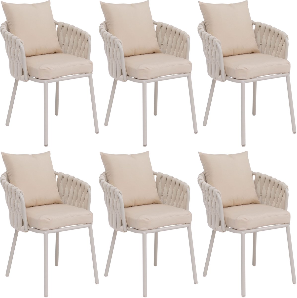 Set van 6 aluminium eetkamerstoelen MCW-P89, binnenstoel met armleuningen, stof/textiel (180 g/m²) touwvlechtwerk ~ crème