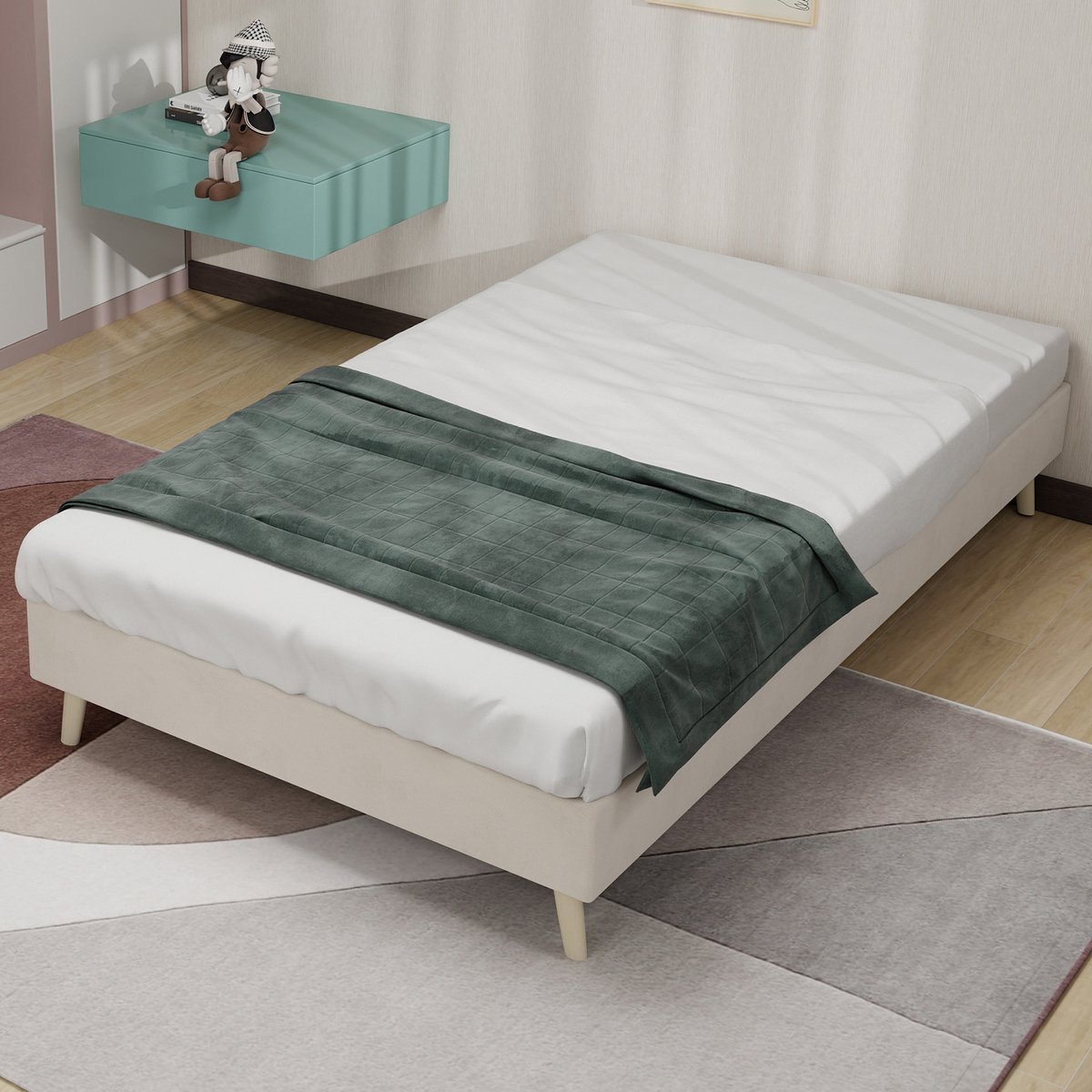 MODFU Ledikant 90x200 cm – stof en metaal beige – met opbergruimte en speels cartoonvorm hoofdbord – kinderkamer
