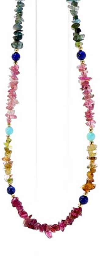 Een U-vormige ketting van multicolor toermalijn met lapis lazuli en amazoniet accenten.