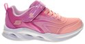 Roze Skechers S-Lights sneaker met glitter klittenbandsluiting en lichtjes in de zool. De sneaker heeft een oranje/roze kleurverloop.