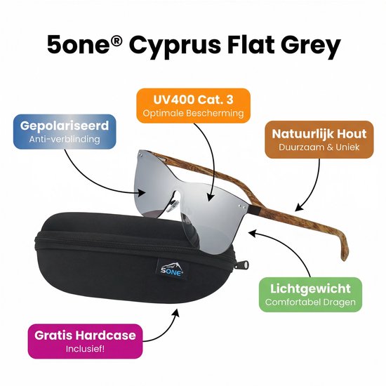 5one® Cyprus Flat Grey - Zonnebril met Houten poten - Spiegellens van 5one® — afbeelding 2