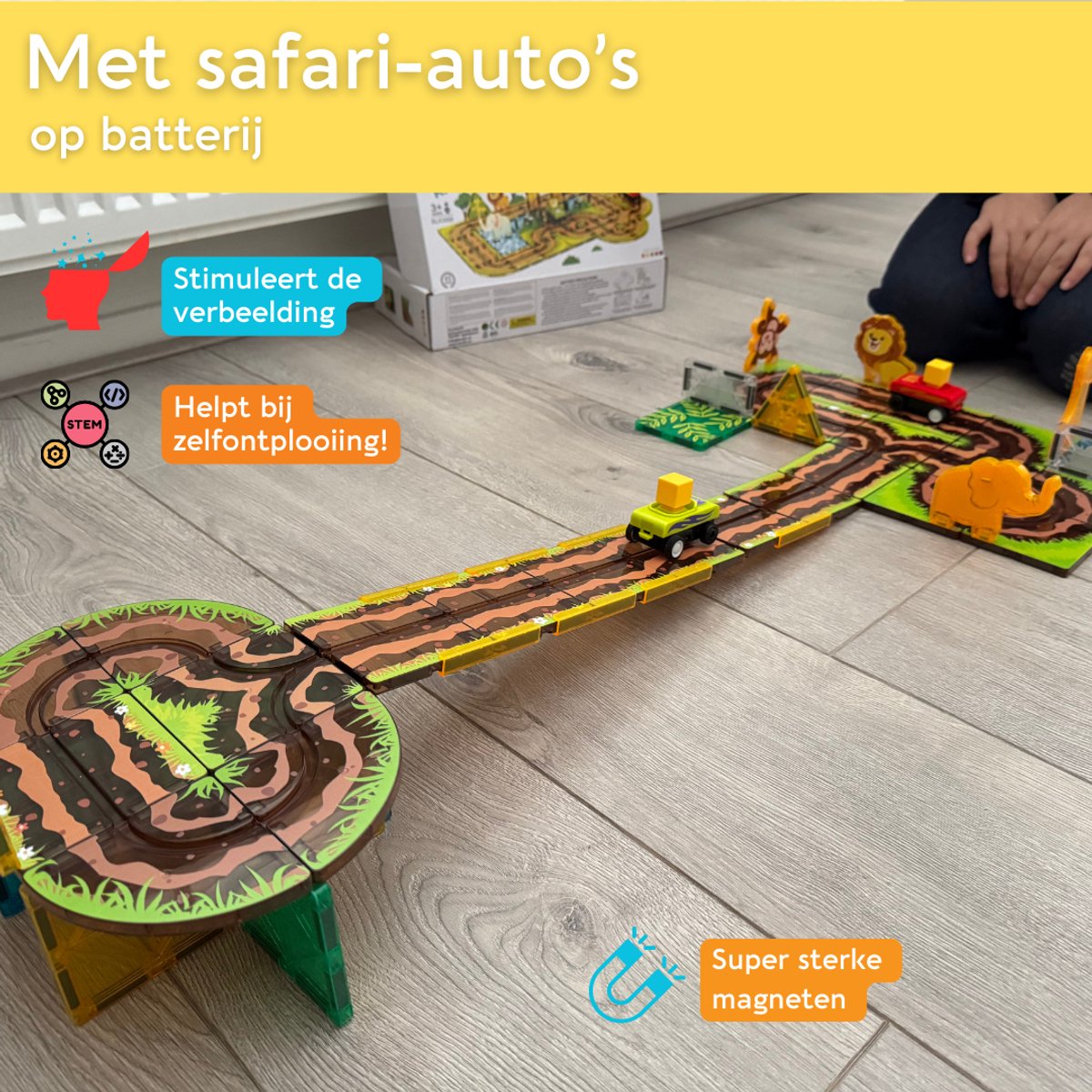 Lardic Magnetisch Speelgoed Racebaan met Zelfrijdende Auto's - Magnetic Tiles - Bouwspeelgoed - Bouwblokken - Magna - Magneten Speelgoed - Magnetische Tegels - Bouwstenen - Dierentuin - Montessori Speelgoed - Mind Educatief Speelgoed — afbeelding 2