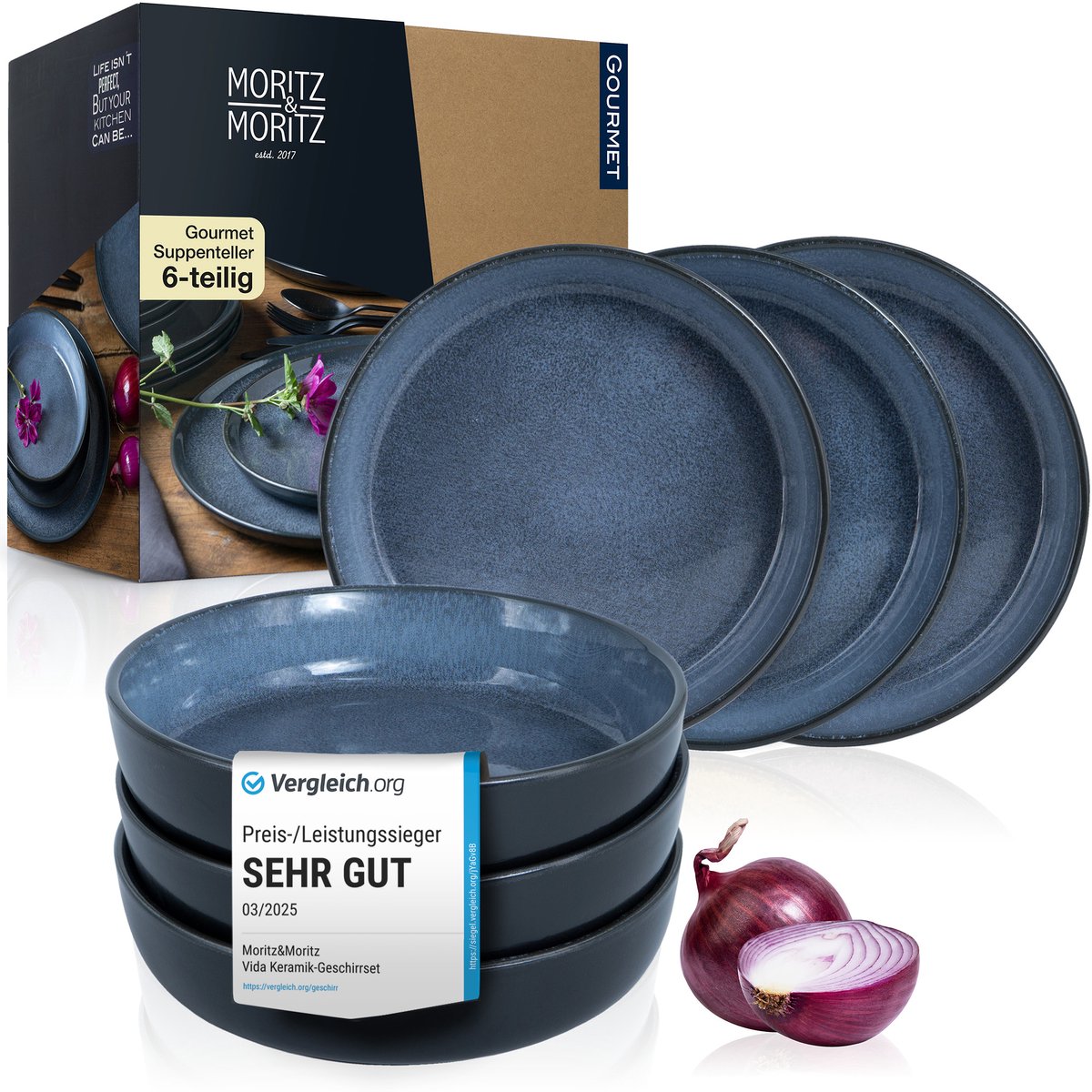 Moritz & Moritz VIDA 6-delige Soepborden Set - Blauw Porselein Soepkommen voor 6 Persoons 20cm