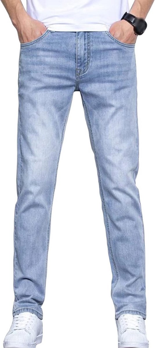 Heren Stretch Katoen Jeans Blauw Slim Fit Rechte Pijp Comfortabele Denim Broek