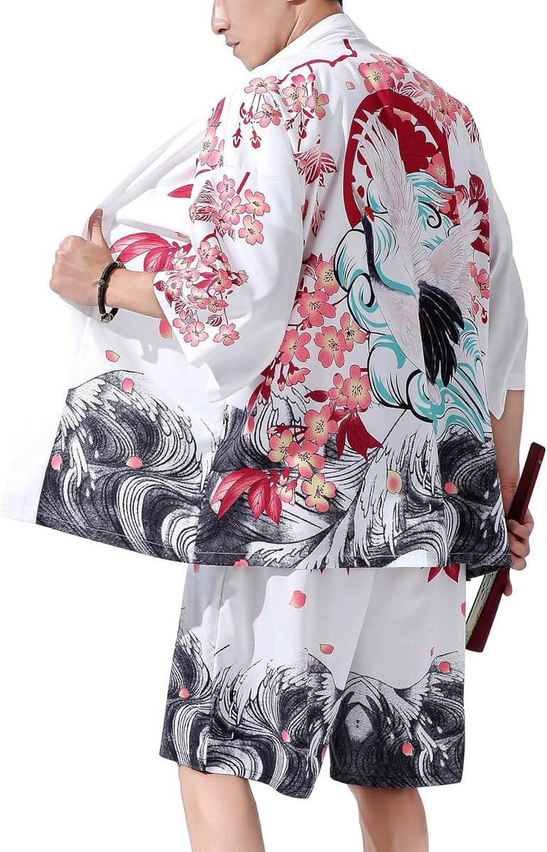 Heren Katoen Beach Set: Lichtgewicht Kimono Vest met Korte Broek Zomerpak