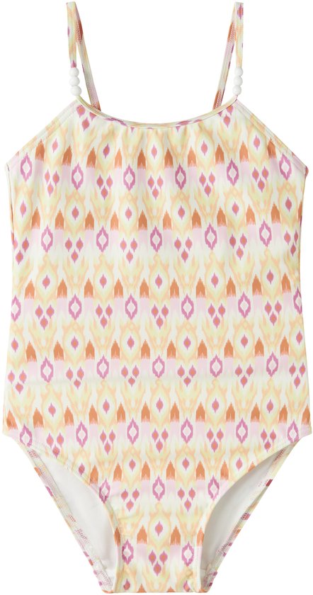 Wit meisjes badpak met een ikat-patroon in roze, oranje en geel. Verfraaid met pareltjes op de bandjes.