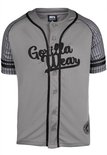Grijze baseball jersey met zwarte opdruk 'Gorilla Wear' en gestreepte mouwen.