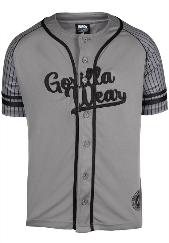 Grijze baseball jersey met zwarte opdruk 'Gorilla Wear' en gestreepte mouwen.