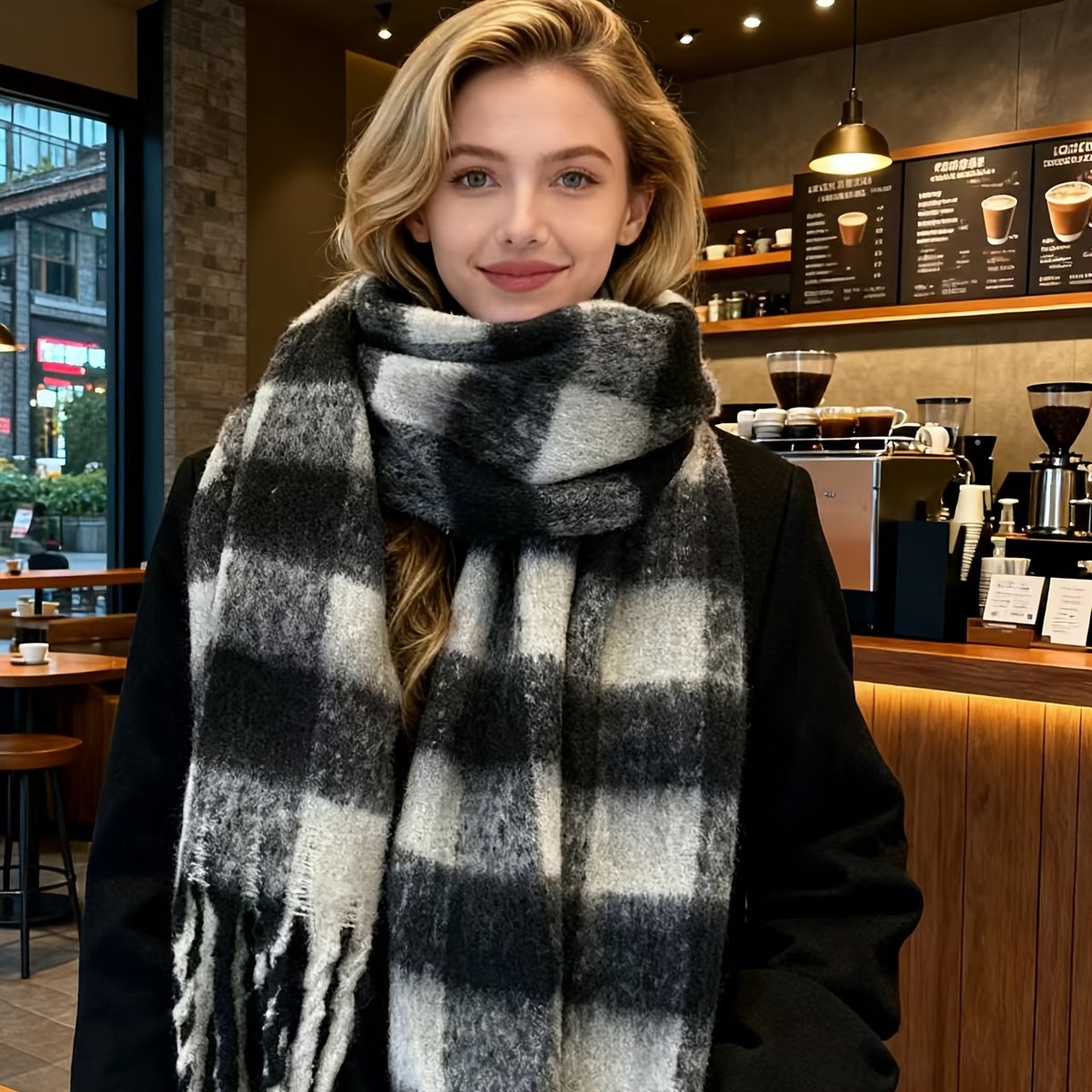Livé® Geruite Sjaal – Zwart-Wit Dubbelzijdige Wintersjaal
