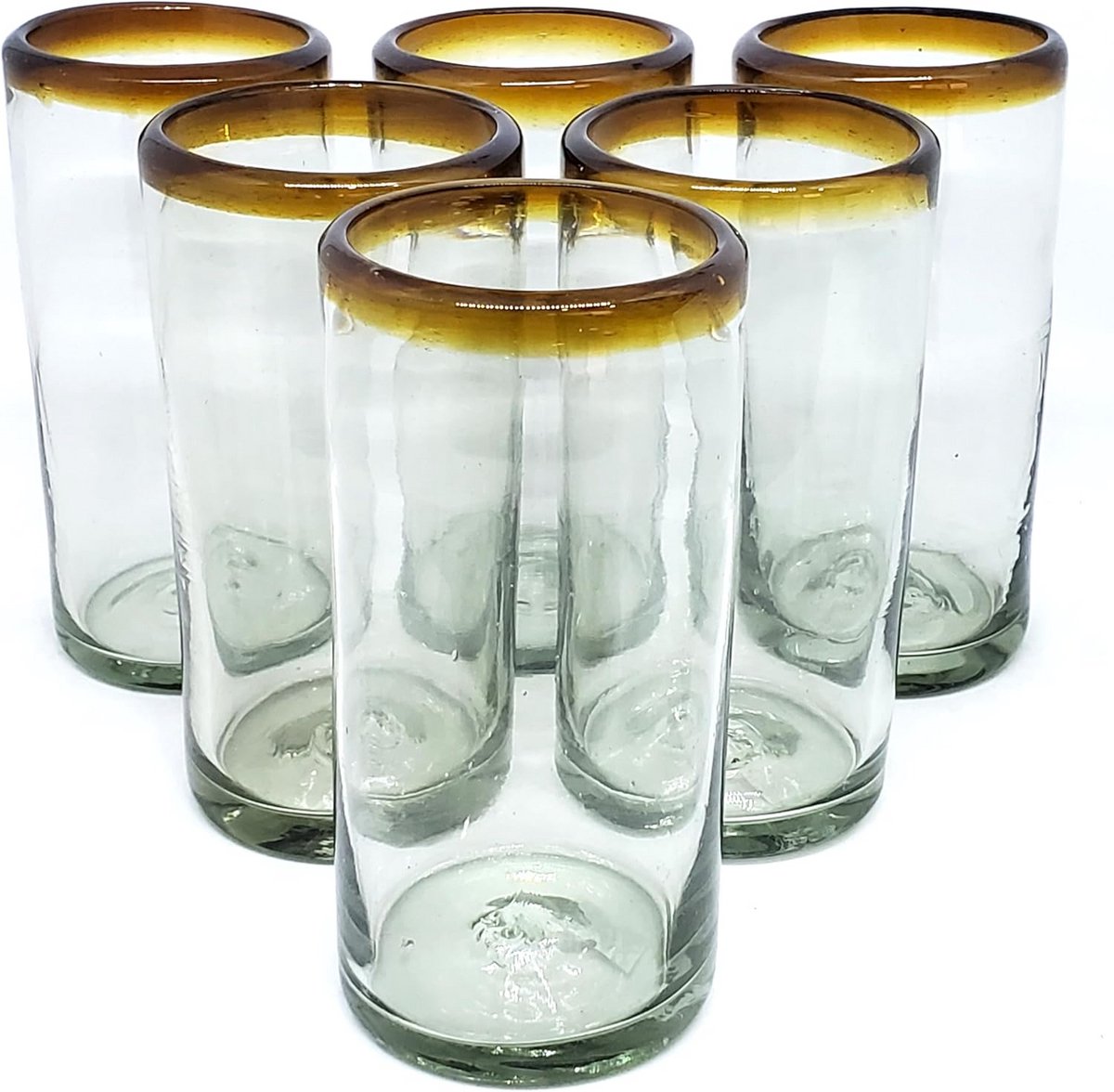 Set van 6 Hoge Iced Tea Glazen met Amber Rand - Handgeblazen Gerecycled Glas