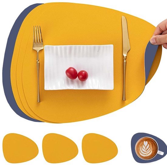 Set de table et dessous de verre en similicuir 4 pièces - Lavables - Forme ronde - Double face - Set de table antidérapant - Set de table en similicuir - Sets de table aspect cuir (Bleu foncé et jaune)