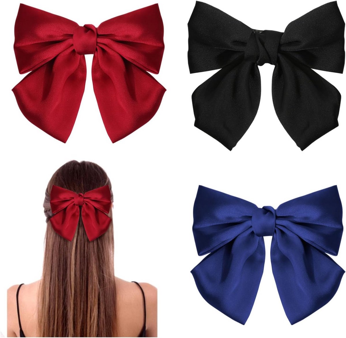 Set van 3 Grote Haarstrikken met Clips - Zacht Satijn in Zwart, Rood en Blauw