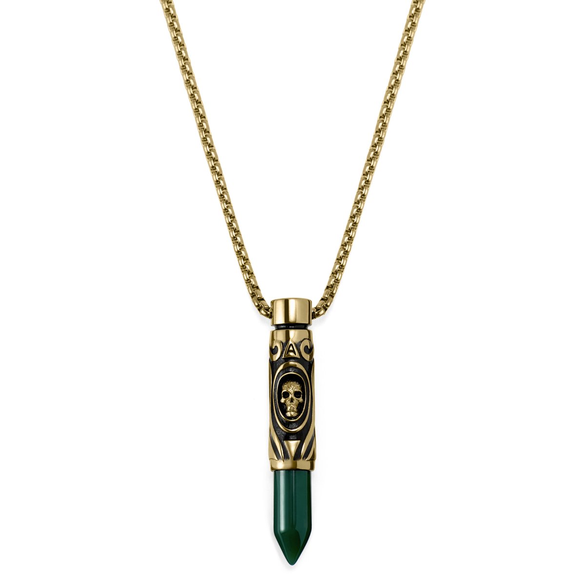 Rico Goudkleurige Ketting met Kogelhanger van Groene Onyx met Schedel
