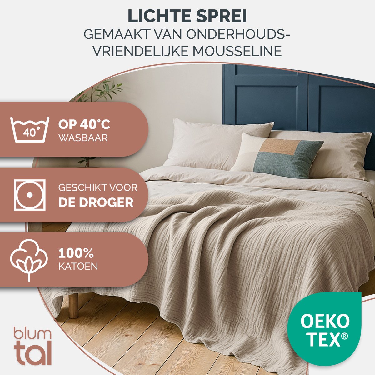 Blumtal Bedsprei Katoen Mousseline - OEKO-Tex gecertificeerd - Lichtgewicht sprei - 150 x 200 cm - Beige — cadeau in Wonen & Interieur - foto 2